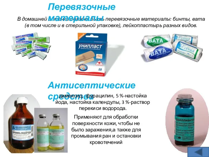 В домашней аптечке должны быть перевязочные материалы: бинты, вата (в том