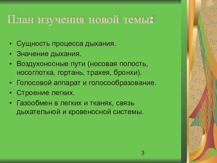 План изучения новой темы: Сущность процесса дыхания. Значение дыхания. Воздухоносные пути