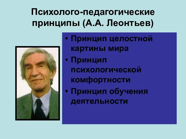 Психолого-педагогические принципы (А.А. Леонтьев) Принцип целостной картины мира Принцип психологической комфортности Принцип обучения деятельности