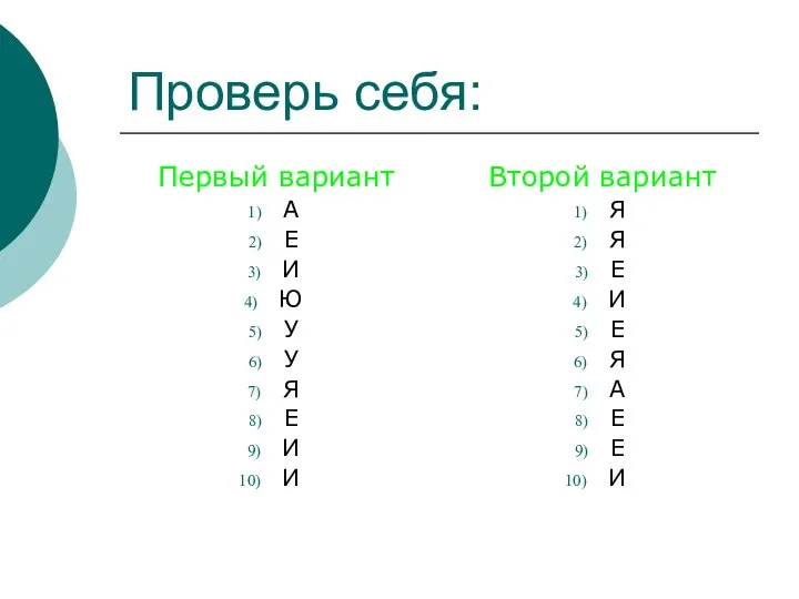 Проверь себя: Первый вариант А Е И Ю У У Я