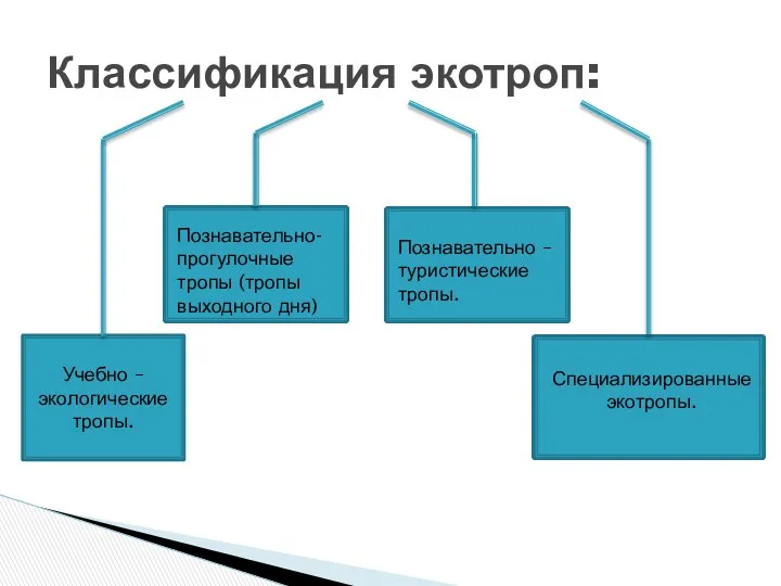 Классификация экотроп: Учебно – экологические тропы. Познавательно- прогулочные тропы (тропы выходного