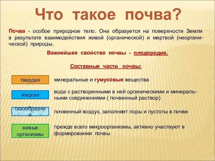 Что такое почва? Почва - особое природное тело. Она образуется на