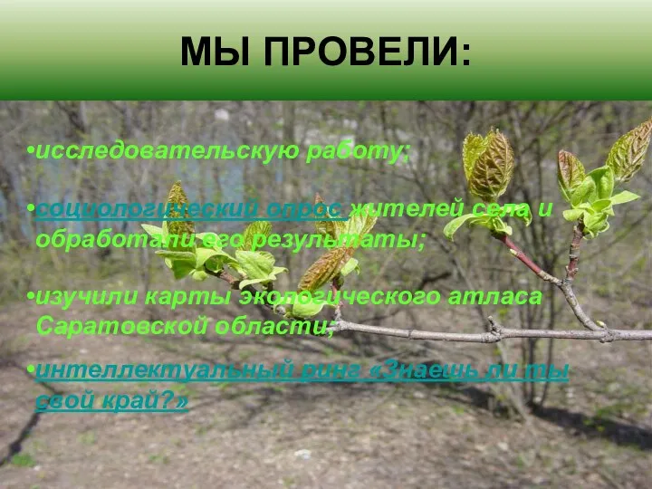 МЫ ПРОВЕЛИ: исследовательскую работу; социологический опрос жителей села и обработали его