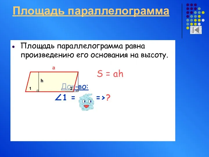 Площадь параллелограмма Площадь параллелограмма равна произведению его основания на высоту. Док-во: