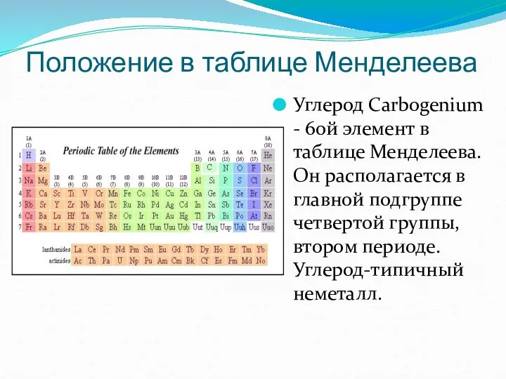 Положение в таблице Менделеева Углерод Carbogenium - 6ой элемент в таблице