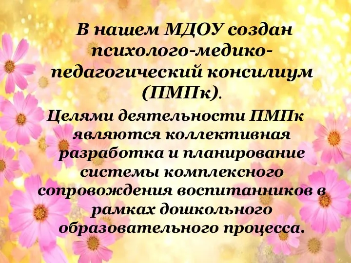 В нашем МДОУ создан психолого-медико-педагогический консилиум (ПМПк). Целями деятельности ПМПк являются