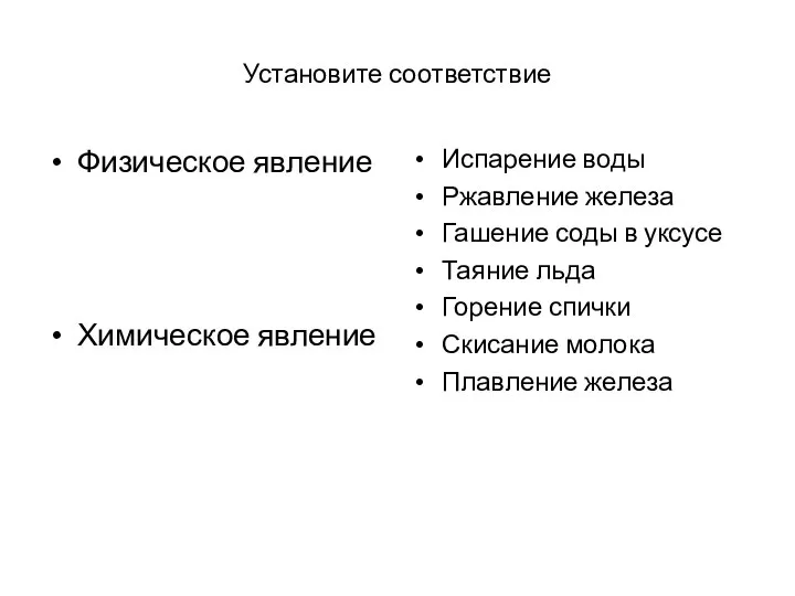 Установите соответствие Физическое явление Химическое явление Испарение воды Ржавление железа Гашение