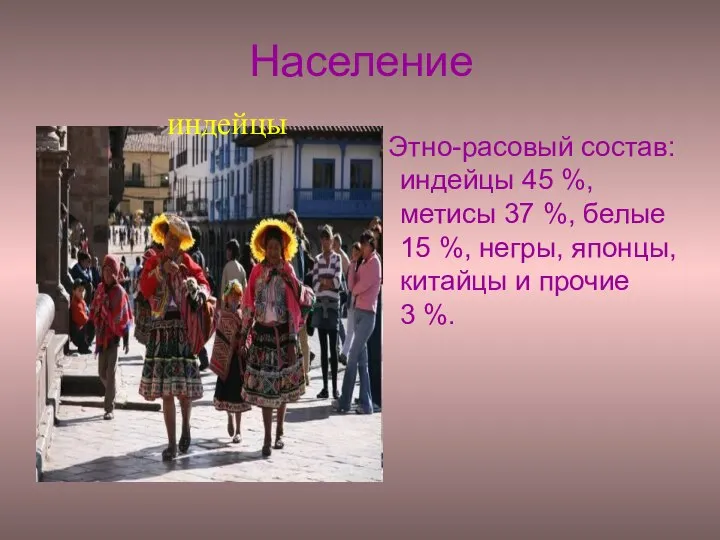 Население Этно-расовый состав: индейцы 45 %, метисы 37 %, белые 15