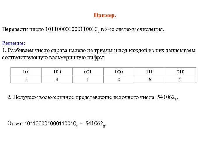 Пример. Перевести число 1011000010001100102 в 8-ю систему счисления. Решение: 1. Разбиваем