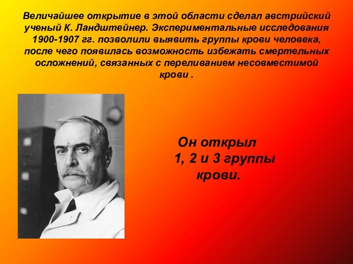 Величайшее открытие в этой области сделал австрийский ученый К. Ландштейнер. Экспериментальные