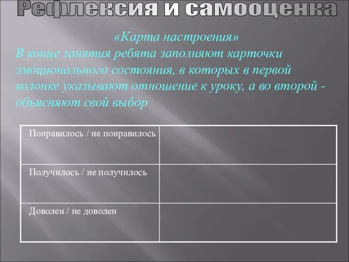 «Карта настроения» В конце занятия ребята заполняют карточки эмоционального состояния, в