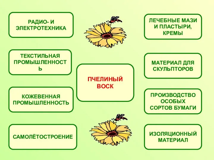 ПЧЕЛИНЫЙ ВОСК РАДИО- И ЭЛЕКТРОТЕХНИКА ТЕКСТИЛЬНАЯ ПРОМЫШЛЕННОСТЬ КОЖЕВЕННАЯ ПРОМЫШЛЕННОСТЬ САМОЛЁТОСТРОЕНИЕ ИЗОЛЯЦИОННЫЙ