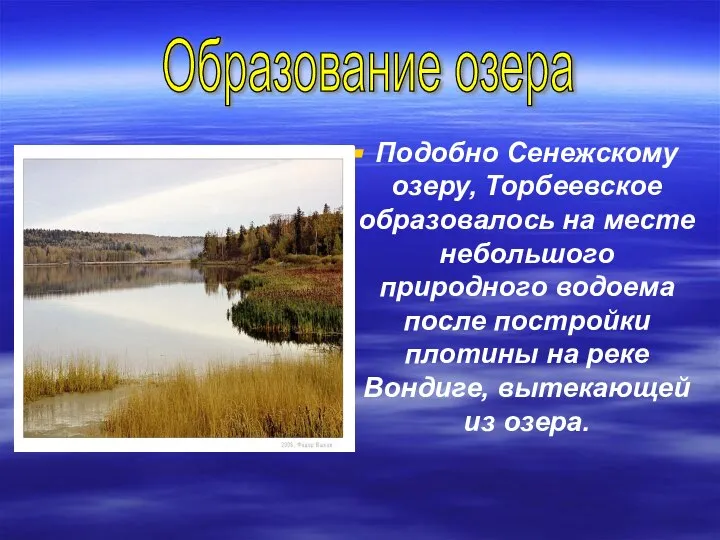 Подобно Сенежскому озеру, Торбеевское образовалось на месте небольшого природного водоема после