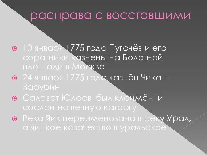 расправа с восставшими 10 января 1775 года Пугачёв и его соратники