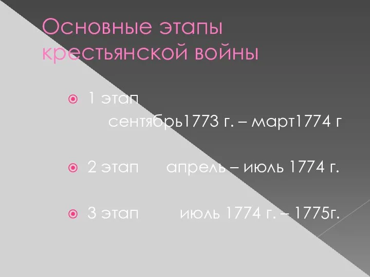 Основные этапы крестьянской войны 1 этап сентябрь1773 г. – март1774 г