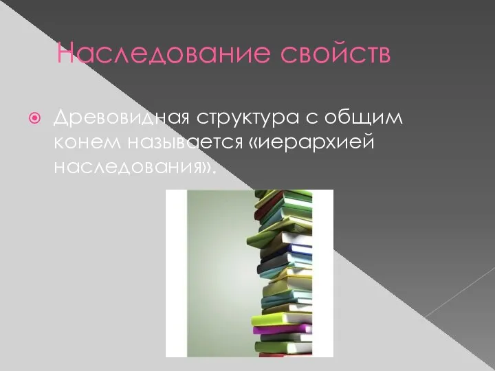 Наследование свойств Древовидная структура с общим конем называется «иерархией наследования».