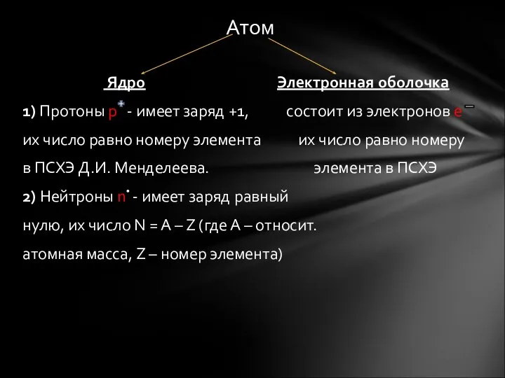 Атом Ядро Электронная оболочка 1) Протоны р - имеет заряд +1,