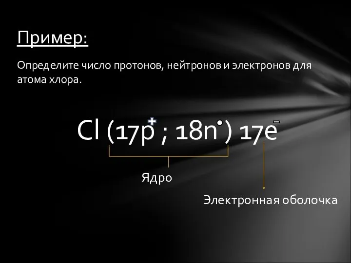 Определите число протонов, нейтронов и электронов для атома хлора. Cl (17p