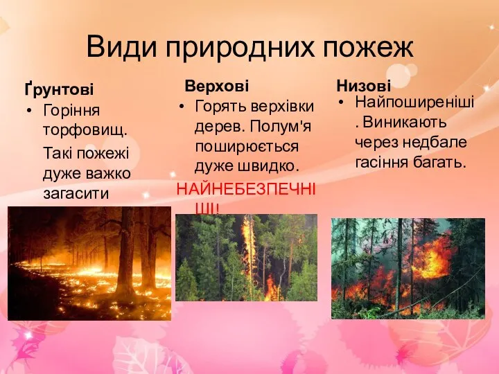 Види природних пожеж Ґрунтові Горіння торфовищ. Такі пожежі дуже важко загасити