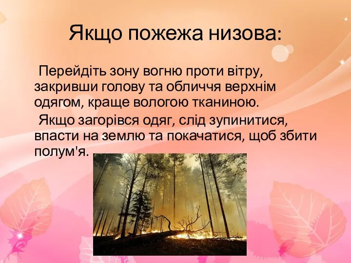 Якщо пожежа низова: Перейдіть зону вогню проти вітру, закривши голову та