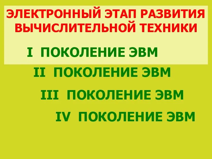 ЭЛЕКТРОННЫЙ ЭТАП РАЗВИТИЯ ВЫЧИСЛИТЕЛЬНОЙ ТЕХНИКИ I ПОКОЛЕНИЕ ЭВМ II ПОКОЛЕНИЕ ЭВМ