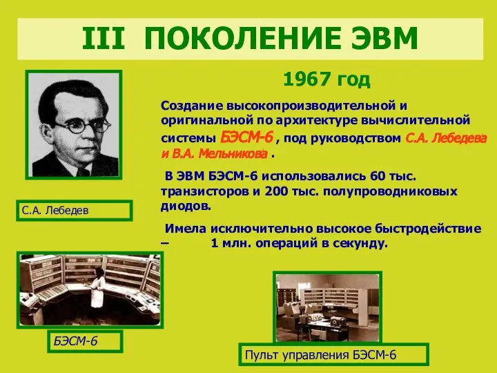 1967 год Создание высокопроизводительной и оригинальной по архитектуре вычислительной системы БЭСМ-6