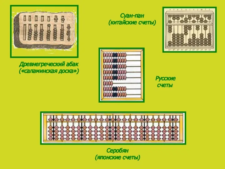 Древнегреческий абак («саламинская доска»)‏ Суан-пан (китайские счеты)‏ Серобян (японские счеты) Русские счеты