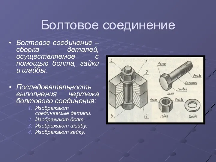 Болтовое соединение Болтовое соединение – сборка деталей, осуществляемое с помощью болта,