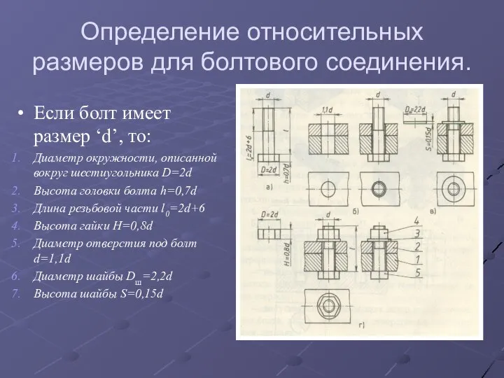 Определение относительных размеров для болтового соединения. Если болт имеет размер ‘d’,