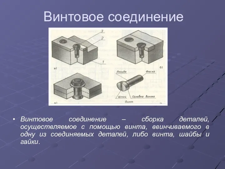 Винтовое соединение Винтовое соединение – сборка деталей, осуществляемое с помощью винта,