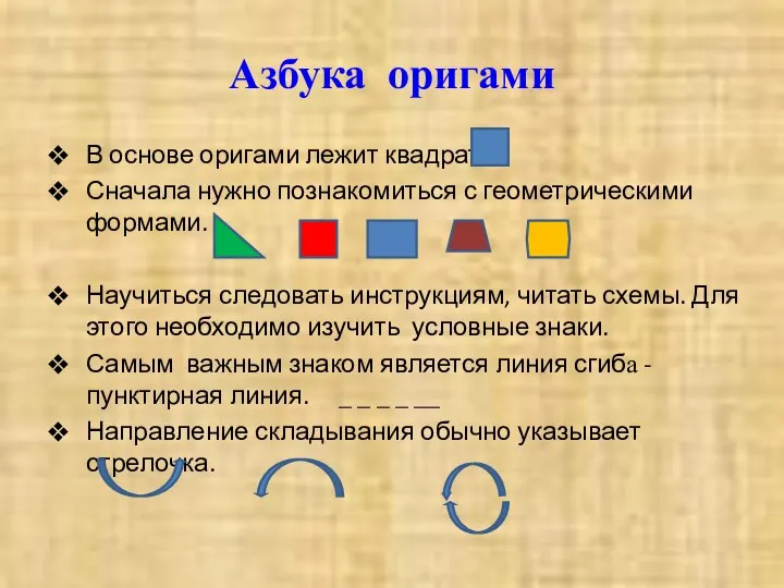 Азбука оригами В основе оригами лежит квадрат. Сначала нужно познакомиться с