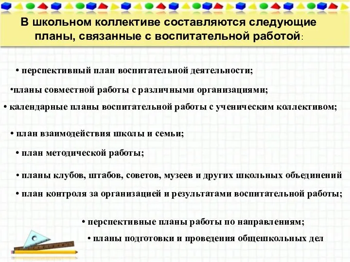 В школьном коллективе составляются следующие планы, связанные с воспитательной работой: •