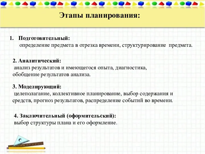 Этапы планирования: 4. Заключительный (оформительский): выбор структуры плана и его оформление.