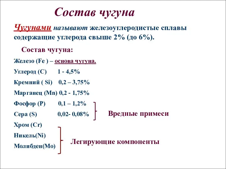 Состав чугуна Чугунами называют железоуглеродистые сплавы содержащие углерода свыше 2% (до