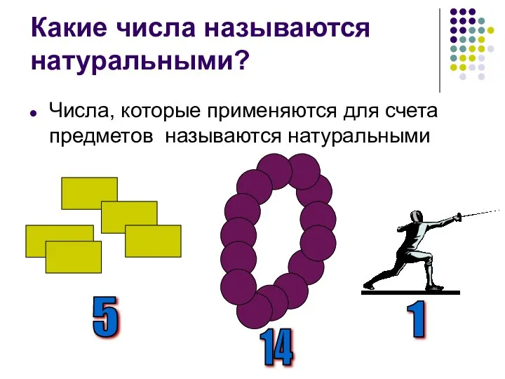 Какие числа называются натуральными? Числа, которые применяются для счета предметов называются натуральными 5 14 1