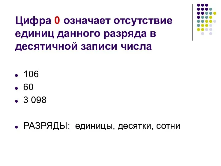 Цифра 0 означает отсутствие единиц данного разряда в десятичной записи числа