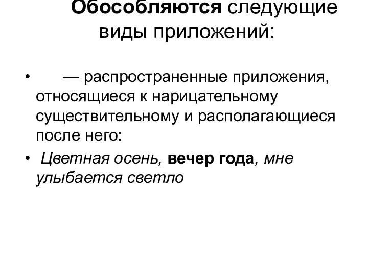 Обособляются следующие виды приложений: — распространенные приложения, относящиеся к нарицательному существительному