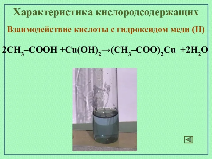 Характеристика кислородсодержащих Взаимодействие кислоты с гидроксидом меди (II) 2СН3–СООН +Cu(OН)2→(СН3–СОО)2Cu +2H2O