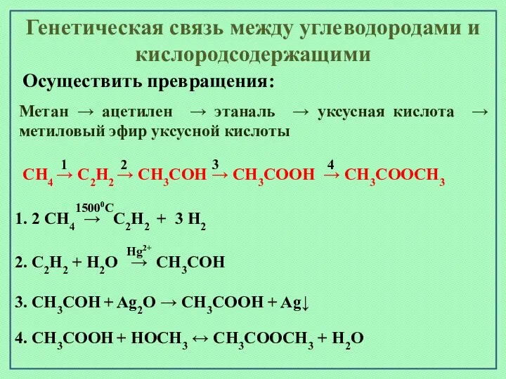 Генетическая связь между углеводородами и кислородсодержащими Осуществить превращения: Метан → ацетилен