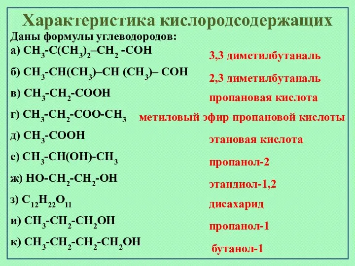 Характеристика кислородсодержащих Даны формулы углеводородов: а) CH3-C(CH3)2–CH2 -CОH б) CH3-CН(CH3)–CH (CH3)–