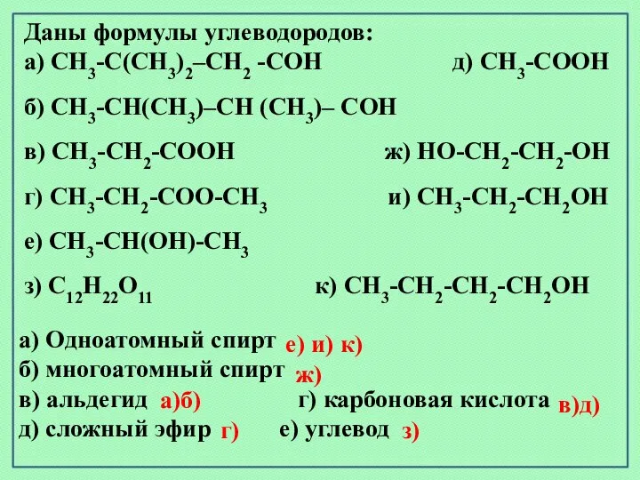 Даны формулы углеводородов: а) CH3-C(CH3)2–CH2 -CОH д) CH3-CООH б) CH3-CН(CH3)–CH (CH3)–