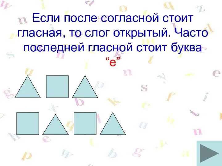 Если после согласной стоит гласная, то слог открытый. Часто последней гласной стоит буква “e”