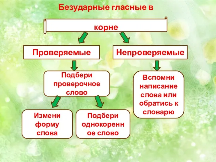 Безударные гласные в корне Проверяемые Подбери проверочное слово Измени форму слова