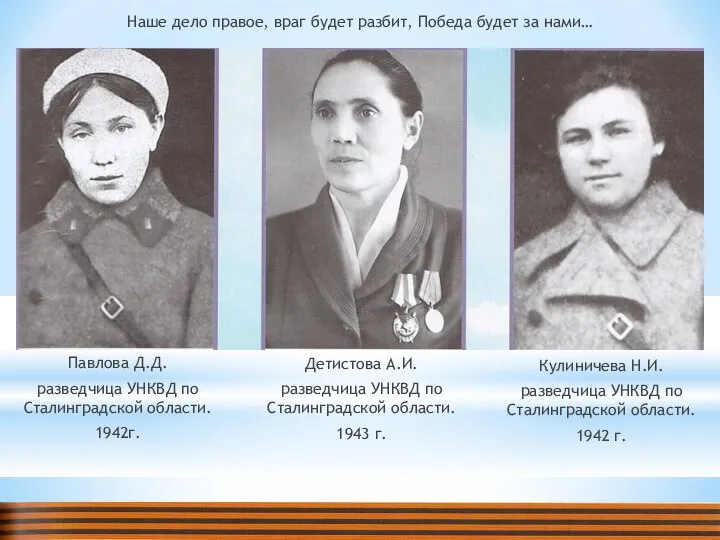 Павлова Д.Д. разведчица УНКВД по Сталинградской области. 1942г. Детистова А.И. разведчица