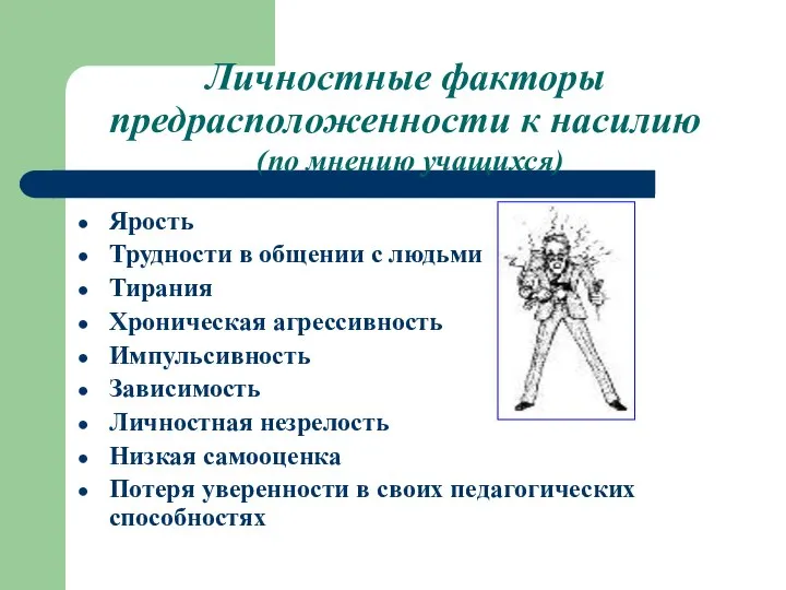 Личностные факторы предрасположенности к насилию (по мнению учащихся) Ярость Трудности в