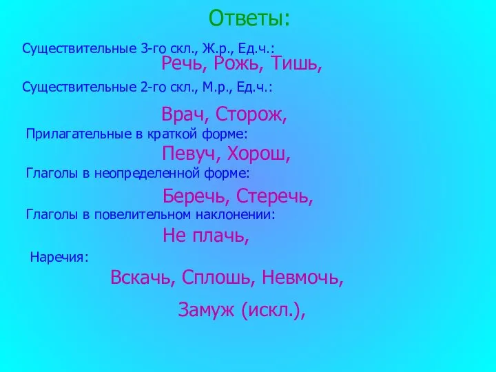 Ответы: Врач, Сторож, Речь, Рожь, Тишь, Существительные 3-го скл., Ж.р., Ед.ч.: