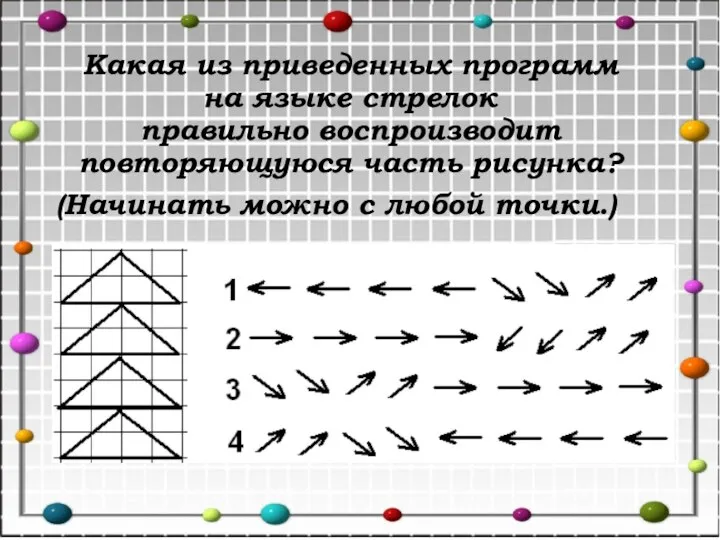 Какая из приведенных программ на языке стрелок правильно воспроизводит повторяющуюся часть