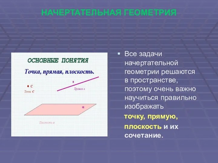 НАЧЕРТАТЕЛЬНАЯ ГЕОМЕТРИЯ Все задачи начертательной геометрии решаются в пространстве, поэтому очень