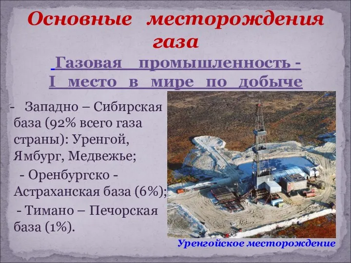 Основные месторождения газа Газовая промышленность - I место в мире по