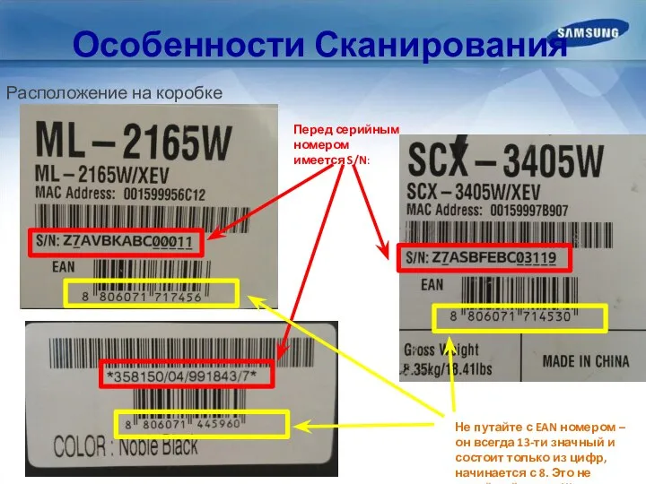 Особенности Сканирования Расположение на коробке Перед серийным номером имеется S/N: Не